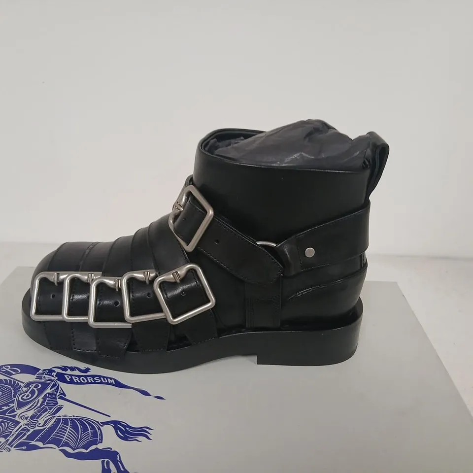 BURBERRY BLACK LEATHER BUCKLED ANKLE BOOTS – WOMEN’S SIZE 36.5