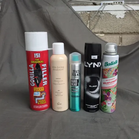 APPROXIMATELY 15 ASSORTED AEROSOLS TO INCLUDE GORILLA FILLER EXPANDING FOAM, BATISTE WILDFLOWER DRY SHAMPOO AND LYNX DEODORANT