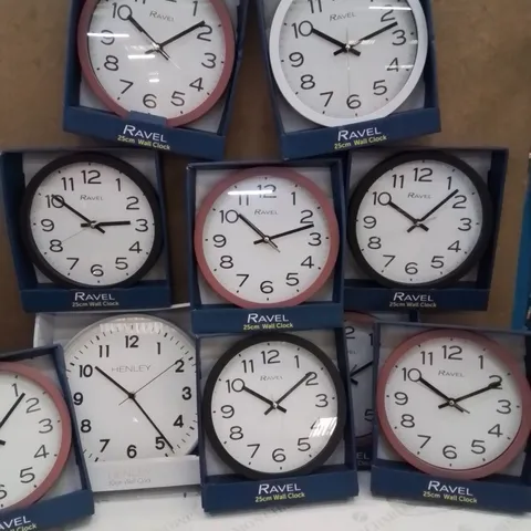 BOX CONTAINING LARGE AMOUNT OF NEW RAVEL WALL CLOCKS 