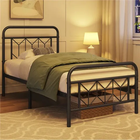 BOXED MODERN METAL BED FRAME WITH VINTAGE HEADBOARD & FOOTBOARD - SIZE UNSPECIFIED