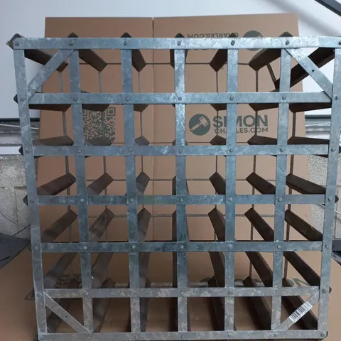 WINE RACK WITH A LIKELY 42-BOTTLE CAPACITY UNIT WITH WEATHERED WOOD AND RIVETED METAL FRAME