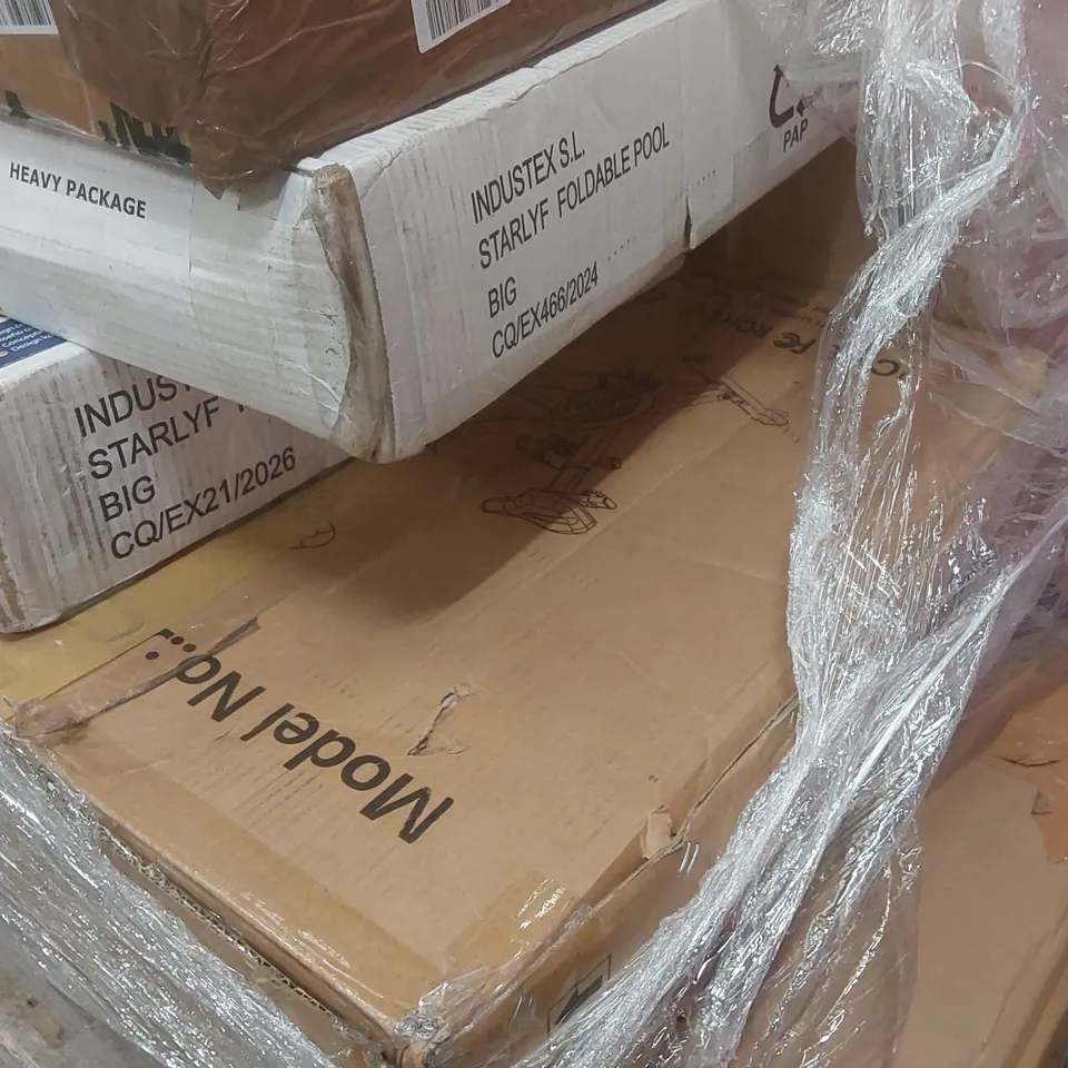 PALLET CONTAINING A VERY LARGE QUANTITY OF ASSORTED ITEMS INCLUDING: FOLDABLE POOL, MANHOLE COVER, EXERCISE BIKE ECT