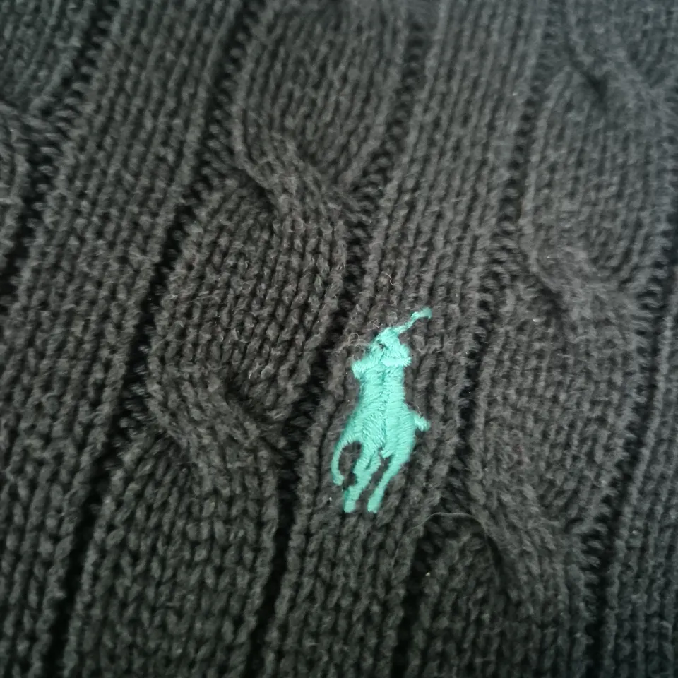 RALPH LAUREN BLACK CABLE-KNIT COTTON SWEATER WITH POLO PONY LOGO SIZE M 