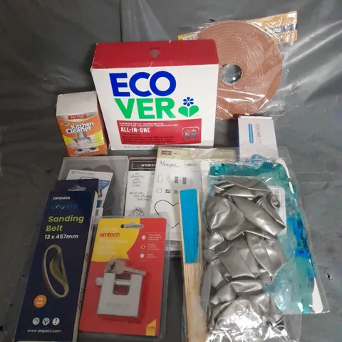 APPROXIMATELY 10 HOUSEHOLD ITEMS TO INCLUDE ECO VER DISHWASHER TABLETS, AMTECH LOCK, STAMP SET, ETC