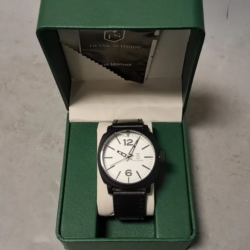 FRANK SCHMIDT STAINLESS STEEL ALL BLACK WATCH WITH WHITE FACE AND LEATHER STRAP