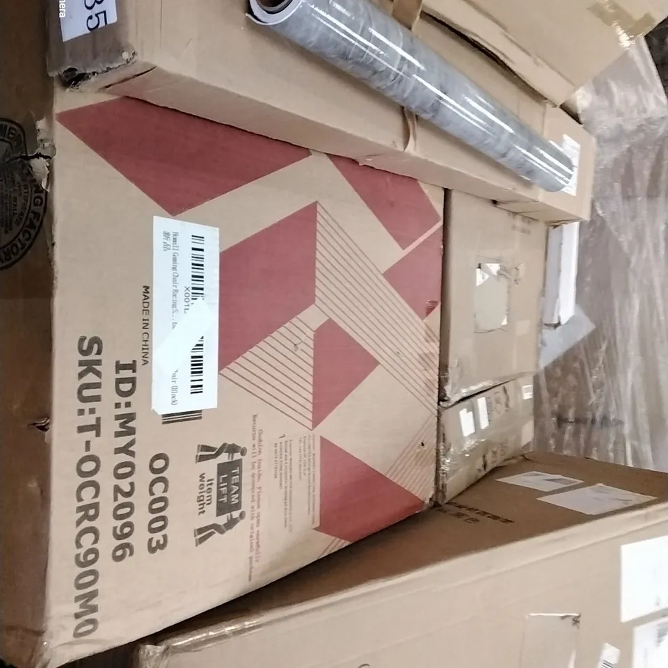 PALLET OF ASSORTED HOUSEHOLD ITEMS TO INCLUDE BOXED GAMING CHAIR, INSECT KILLER AND PRICE COMPUTING SCALE