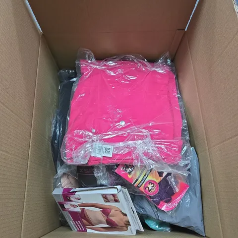 BOX OF APPROXIMATELY 25 ITEMS OF CLOTHING IN VARIOUS STYLES , SIZES AND COLOURS