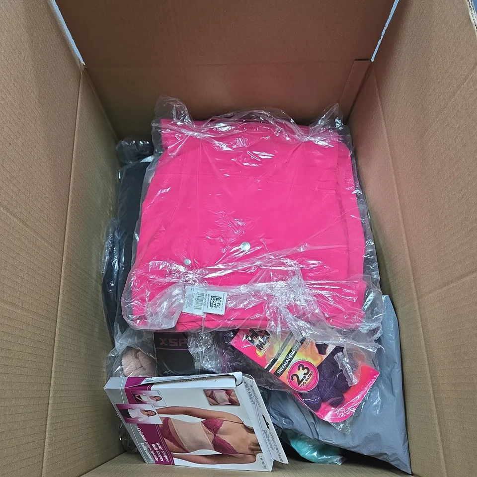 BOX OF APPROXIMATELY 25 ITEMS OF CLOTHING IN VARIOUS STYLES , SIZES AND COLOURS