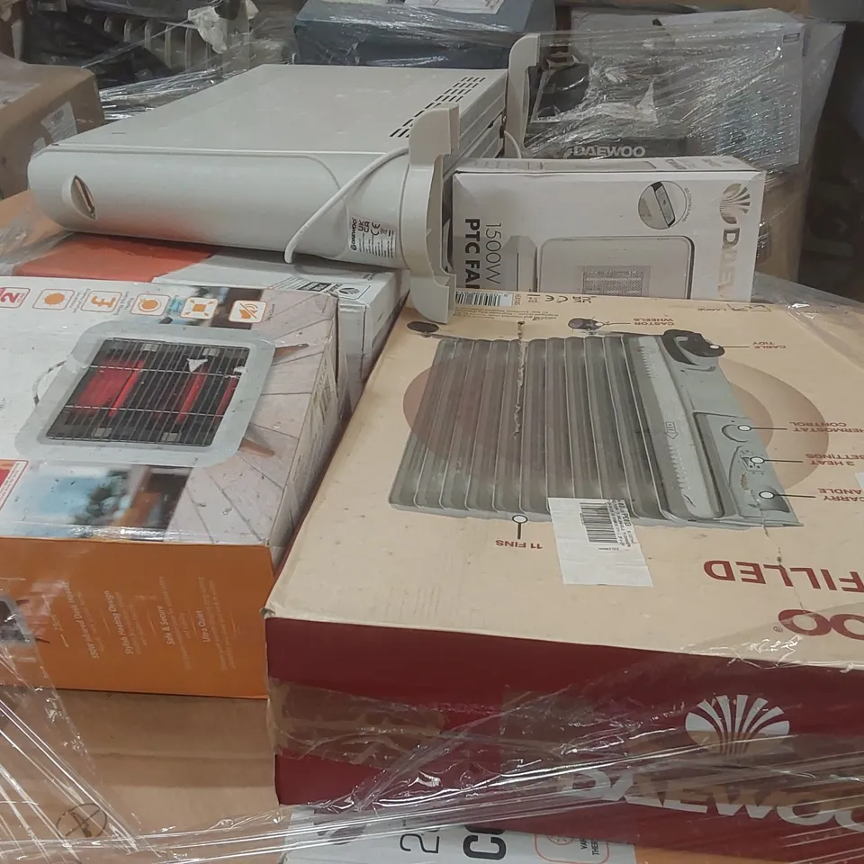 PALLET CONTAINING A VERY LARGE QUANTITY OF ASSORTED ELECTRIC ITEMS INCLUDING: DAEWOO 2000W CONVECTOR HEATERS, TURBO FAN CONVECTOR HEATERS, DESK HEATER ECT