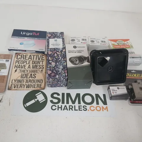 WHOLESALE & JOB LOT – ASSORTED DIY & SECURITY ITEMS: DEFENDER DECOY CAMERA, MKA TORCH, RIVER LOCK, COPPER SLUG TAPE, DECORATIVE SIGN, BOXED COMPONENTS