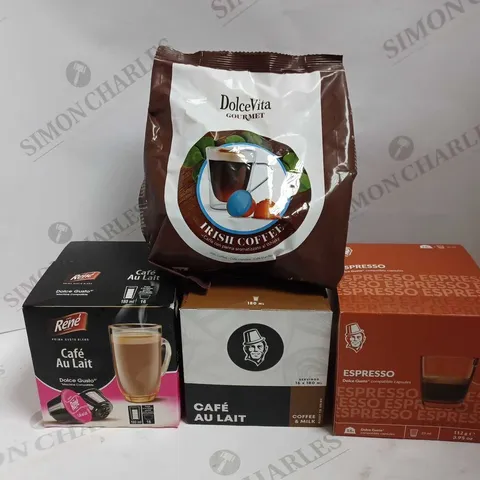 BOX OF APPROX 5 ITEMS TO INCLUDE CAFE RENE CAFE AU LAIT COFFEE PODS, DOLCE GUSTO CAFE AU LAIT PODS AND STARBUCKS ESPRESSO PODS