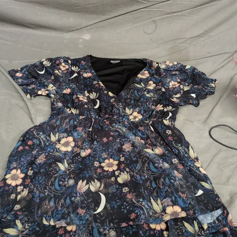 DISTURBIA WOMEN'S FLORAL PRINT DRESS, NAVY WITH CRESCENT MOTIFS - UK 14 (US 10, EU 42)