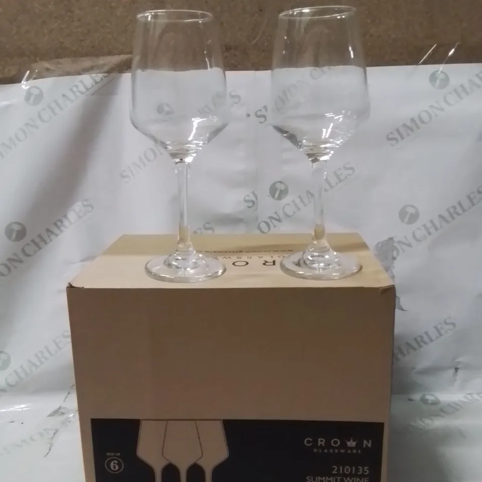 BOXED CROWN GLASSWARE SUMMIT WINE GLASSES APPROXIMATELY 6