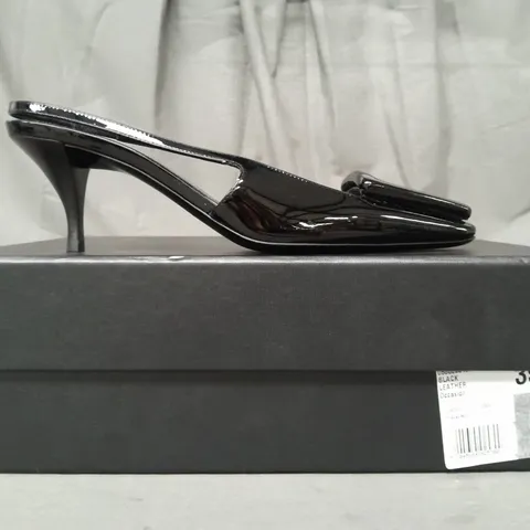 BOXED PAIR OF SAINT LAURENT PARIS CLOSED TOE LOW HEEL SHOES IN GLOSSY BLACK EU SIZE 35