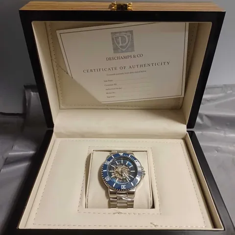 BOXED DESCHAMPS & CO CHRONOGRAPH WATCH WITH STAINLESS STEEL BRACELET 