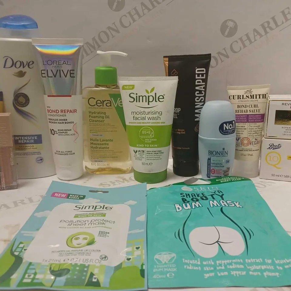 LOT OF APPROX 12 ASSORTED BEAUTY PRODUCTS TO INCLUDE NEAL'S YEARD REMEDIES HAND CREAM, CERA VE FOAMING OIL CLEANSER, CURLSMITH BOND CURL REHAB SALVE, ETC 
