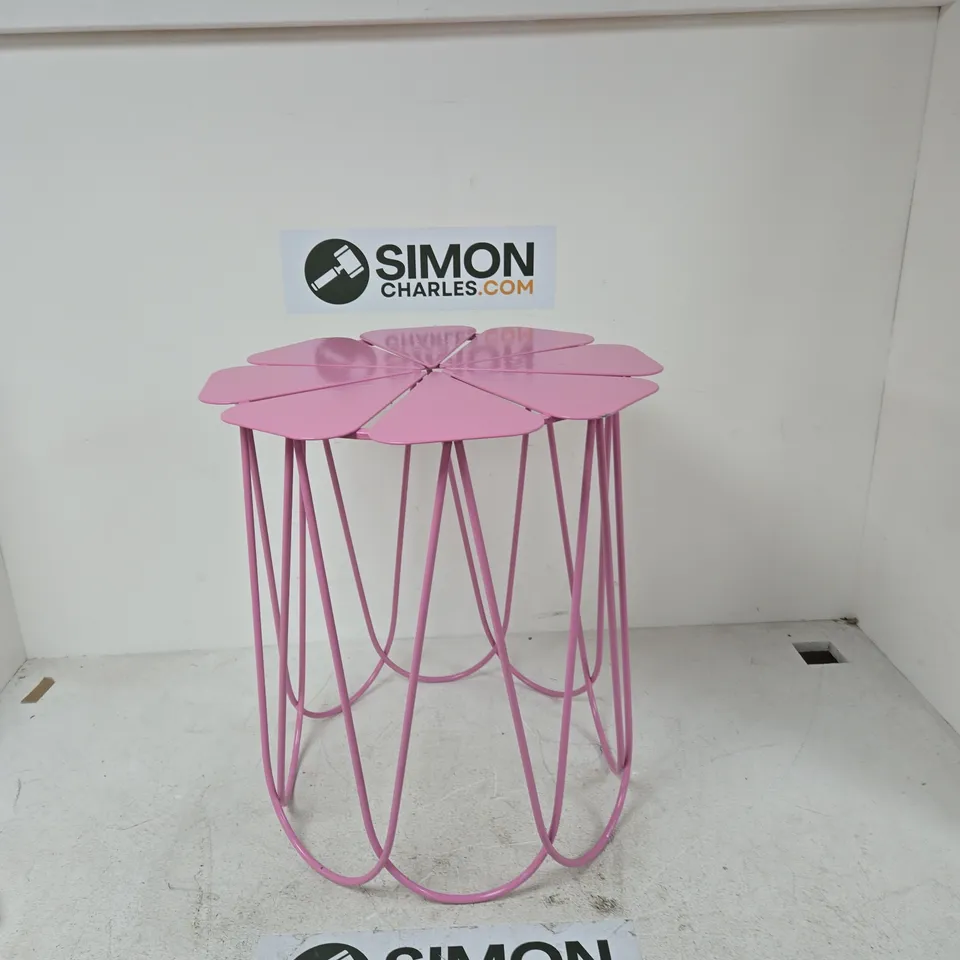 PINK FLOWER-TOP METAL STOOL WITH WIRE-FRAME BASE