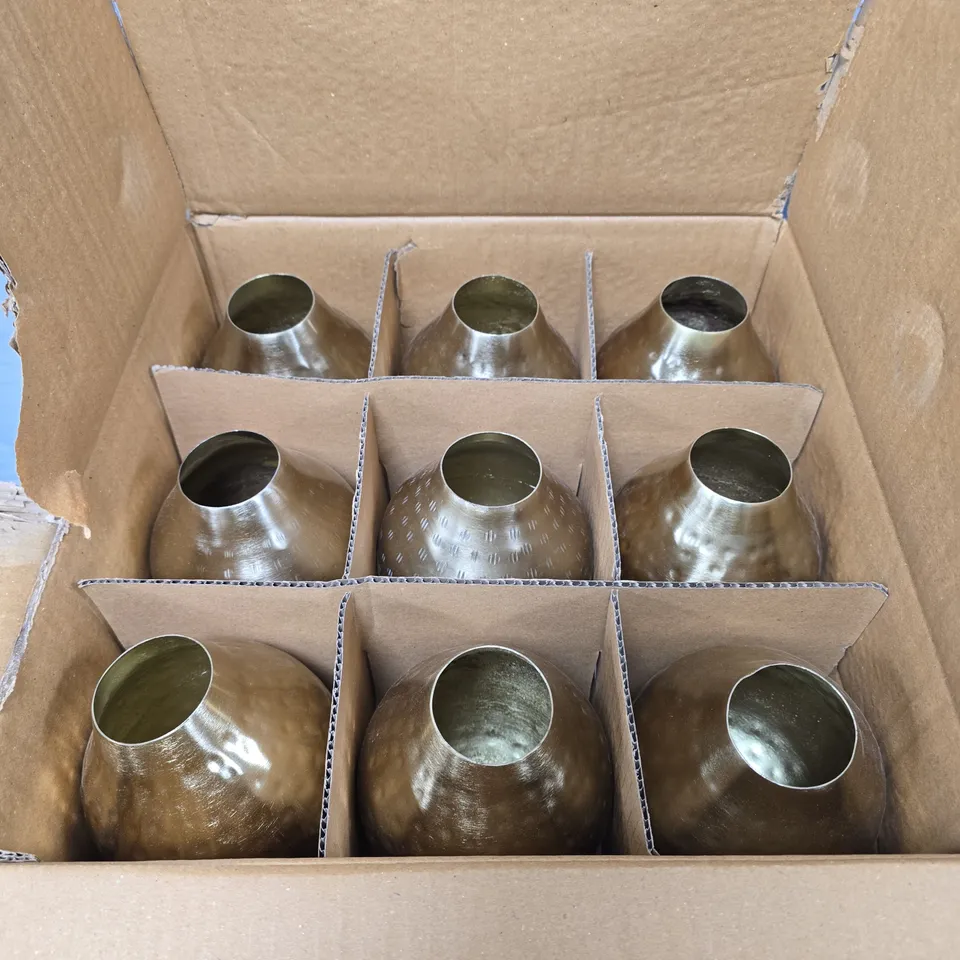 BRASS HAMMERED VASES, SET OF 9 