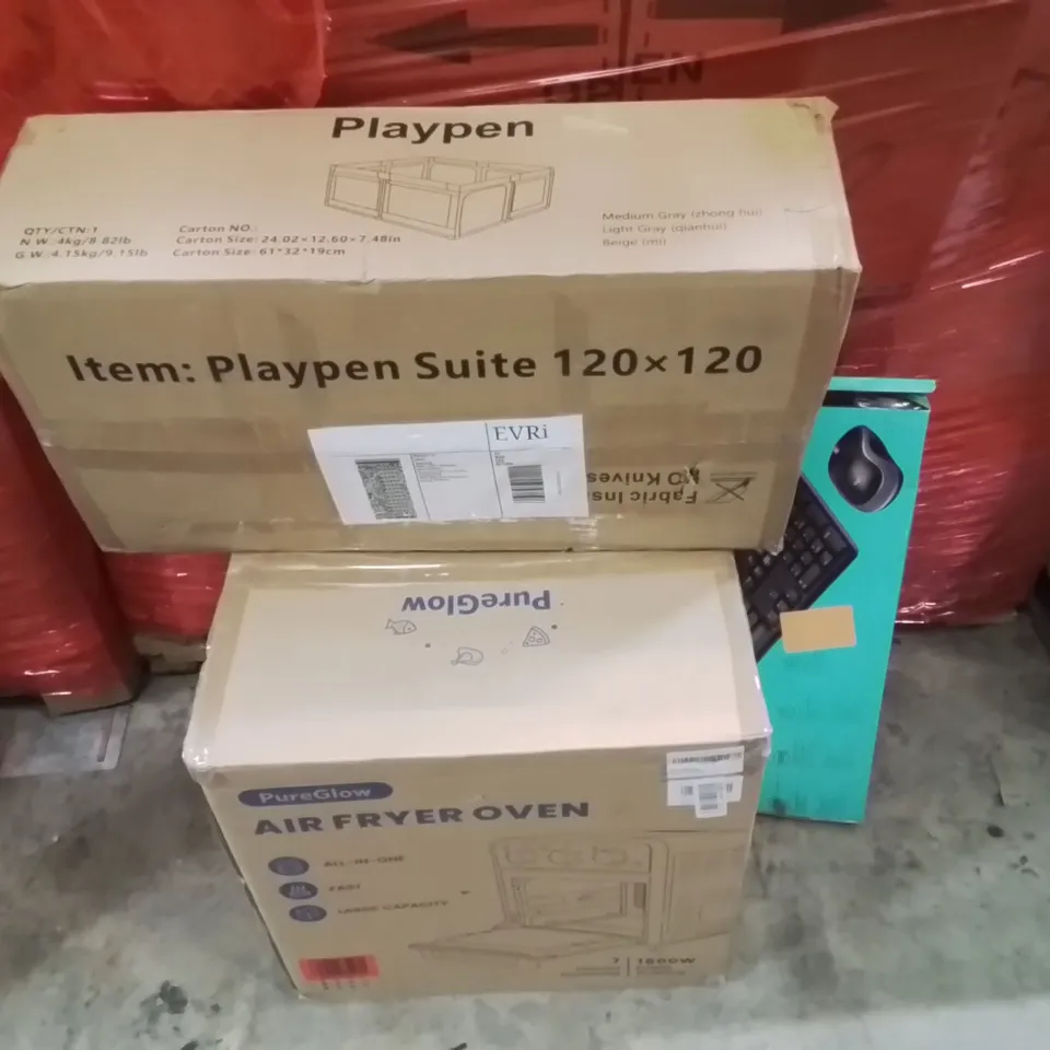 PALLET OF ASSORTED HOUSEHOLD GOODS AND PRODUCTS TO INCLUDE;PLAYPEN,KEYBOARD,AIR FRYER