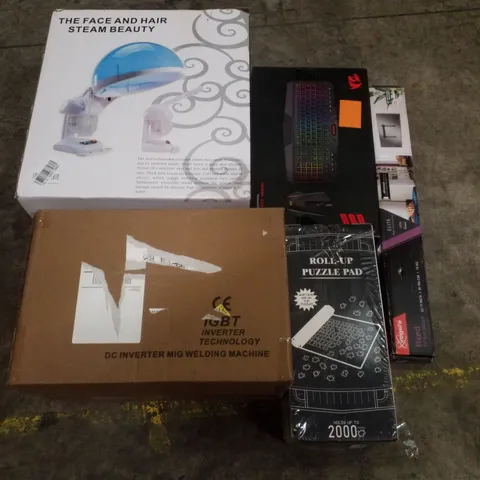 PALLET CONTAINING ASSORTED PRODUCTS INCLUDING FACE AND HAIR STEAM BEAUTY, DC INVERTER MIG WELDER MACHINE, ROLL-UP PUZZLE PAD, GAMING KEYBOARD SET & TV WALL MOUNT