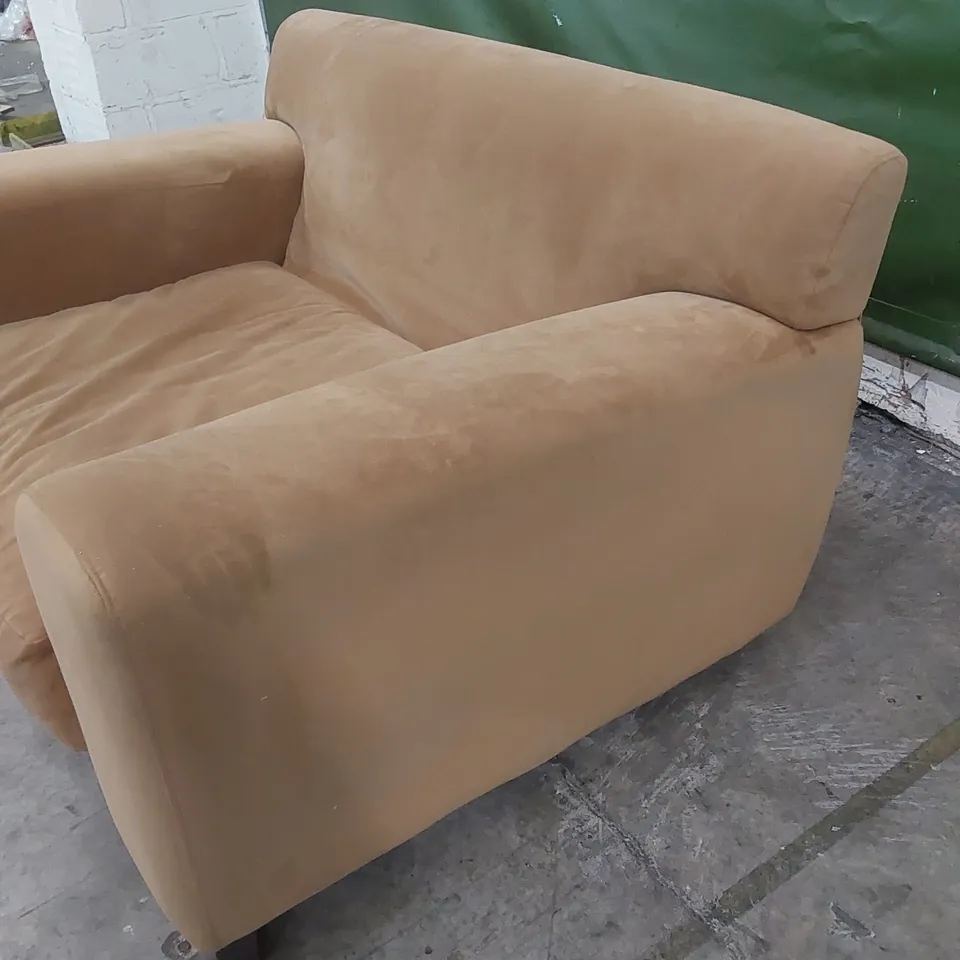 LARGE DESIGNER FABRIC UPHOLSTERED LOVESEAT - OCHRE