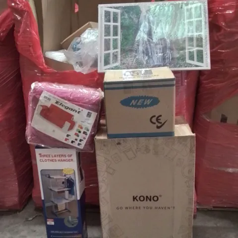 PALLET CONTAINING VARIOUS ASSORTED BOXED HOUSEHOLD ITEMS TO INCLUDE: BREASTFEEDING ENLARGEMENT PUMP KIT, SOFA COVER, CLOTHES AIRER, PET BEDS AND LOTS MORE UNMARKED BOXED ITEMS