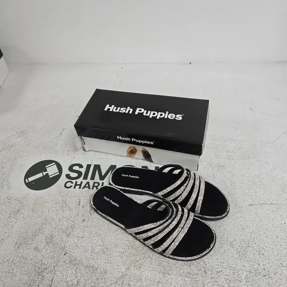 HUSH PUPPIES PARIS SLIDE - WOMEN'S BLACK RHINESTONE-STRAP SANDALS, UK 7 (EU 40)
