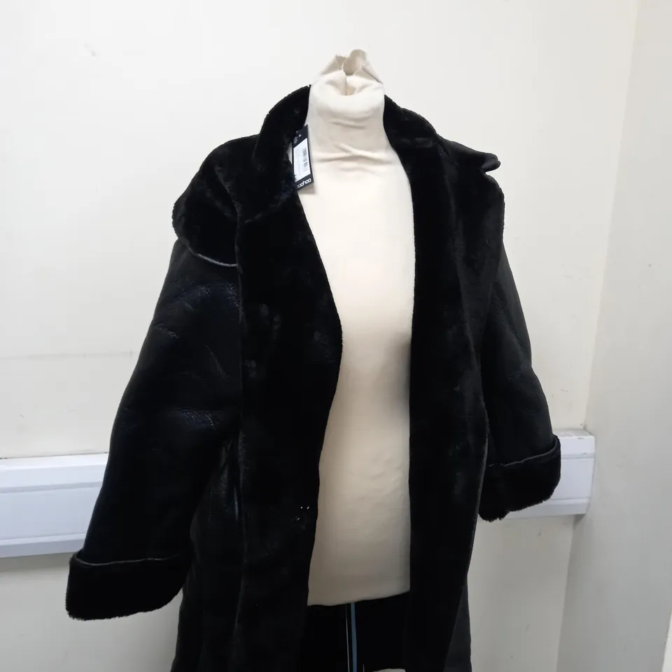 FAUX FUR SHAWL COLLAR BELTED FAUX LEATHER COAT SIZE 12