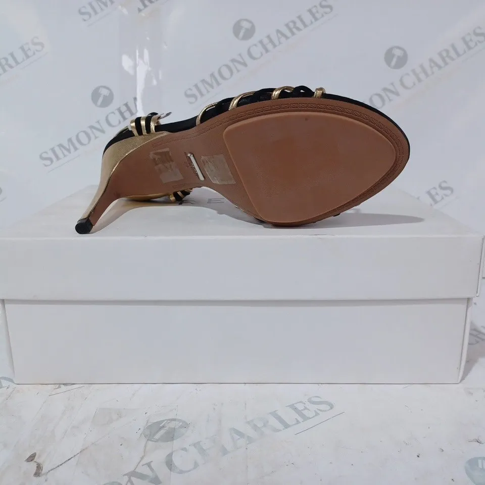 BOXED PAIR OF REISS CASSIDY STRAPPY HEELS IN BLACK/GOLD SIZE 5