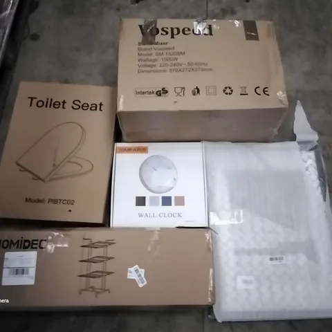 PALLET OF ASSORTED ITEMS INCLUDING HOMIDEC DRYING RACK, TOILET SEAT, VOSPEED STAND MIXER, WALL CLOCK, FRAMED A4 PICTURE