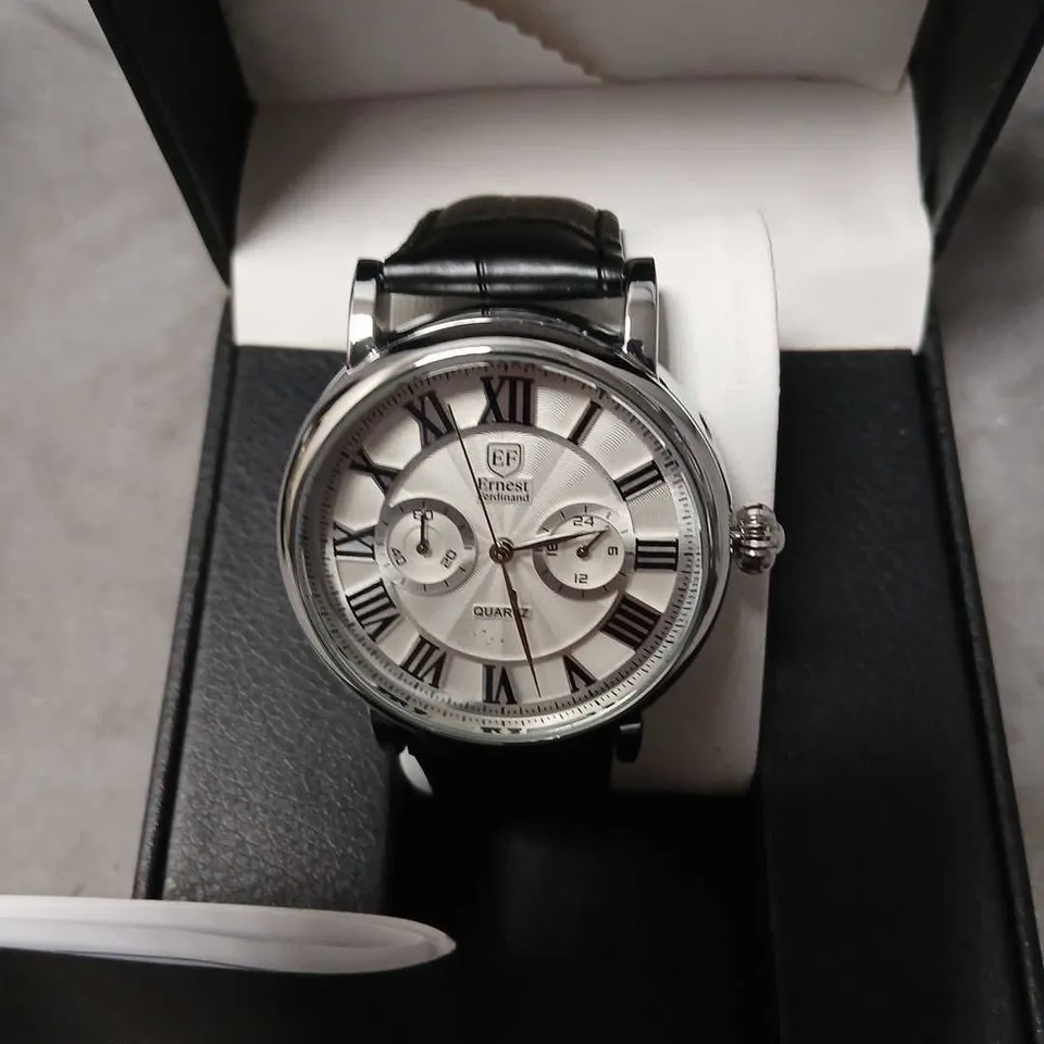 ERNEST FERDINAND QUARTZ WRISTWATCH – SILVER DIAL, ROMAN NUMERALS, TWO SUBDIALS, BLACK LEATHER STRAP