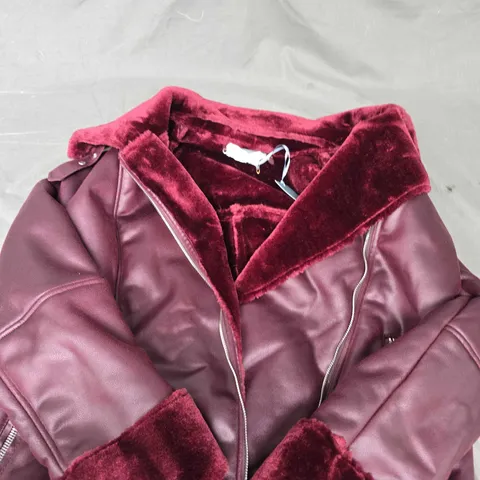 RUTH LANGSFORD FAUX FUR LINED AVIATOR JACKET IN MAROON - 12