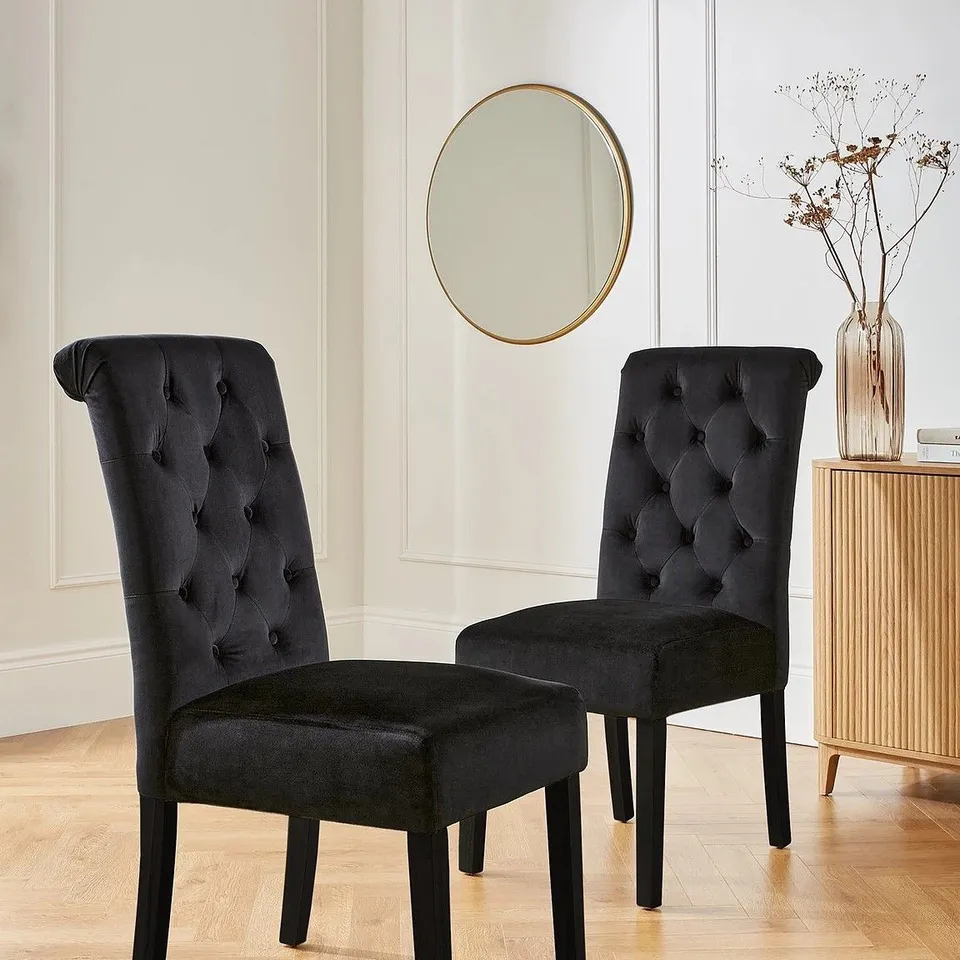 BOXED PAIR OF VELVET SCROLL BACK DINING CHAIRS IN BLACK - COLLECTION ONLY