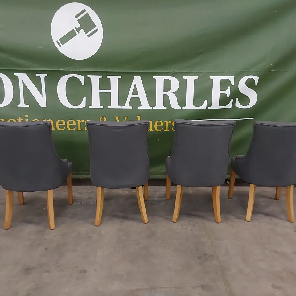 SET OF 4 DUKE SLATE FABRIC BUTTON BACK DINING CHAIRS WITH OAK LEGS 