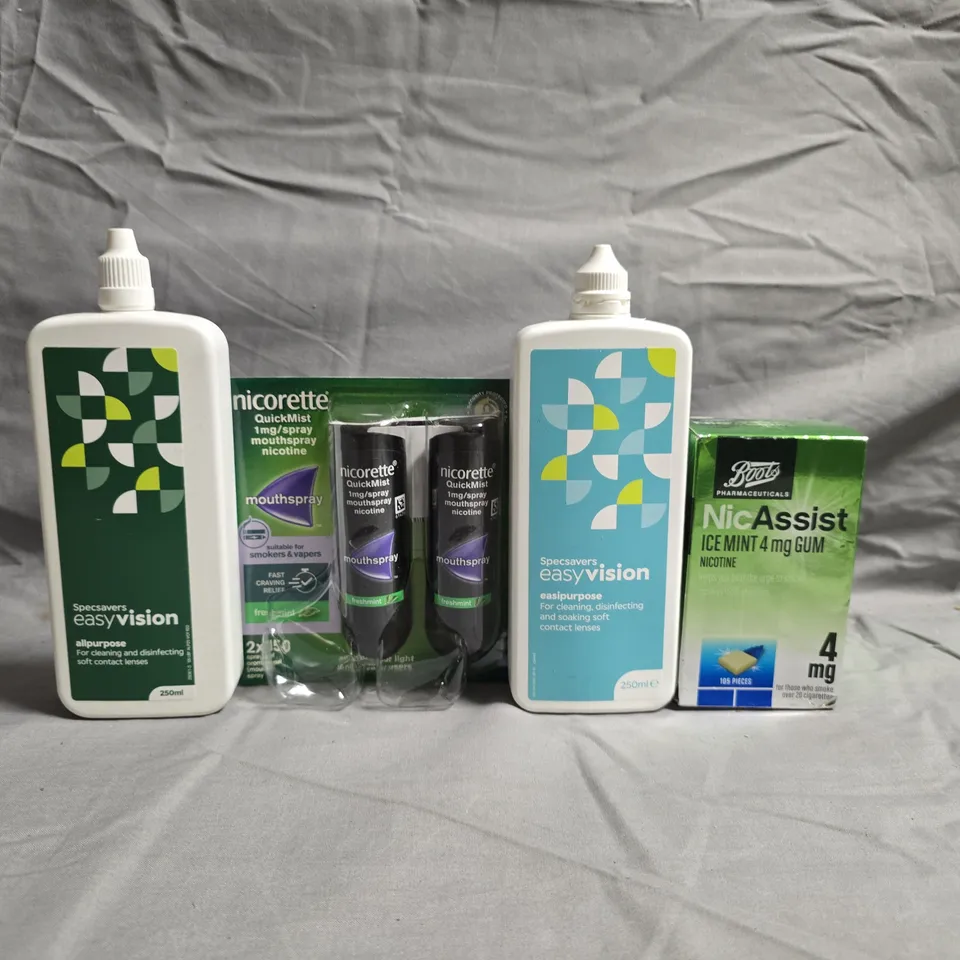 APPROXIMATELY 20 ASSORTED ITEMS TO INCLUDE NICORETTE QUICKMIST NICOTINE MOUTH SPRAY, BOOTS NICASSIST GUM, AND SPECSAVERS EASYVISION CONTACT LENS SOLUTION, ETC