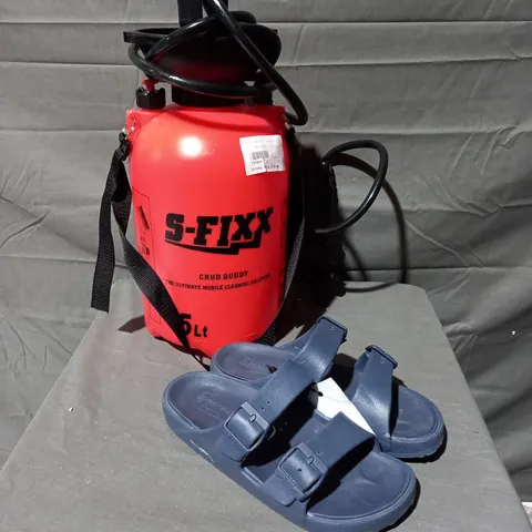 2 ITEMS TO INCLUDE S-FIXX CRUD BUDDY 5L, PAIR OF SKECHERS FOAMIES SANDALS IN NAVY SIZE 7
