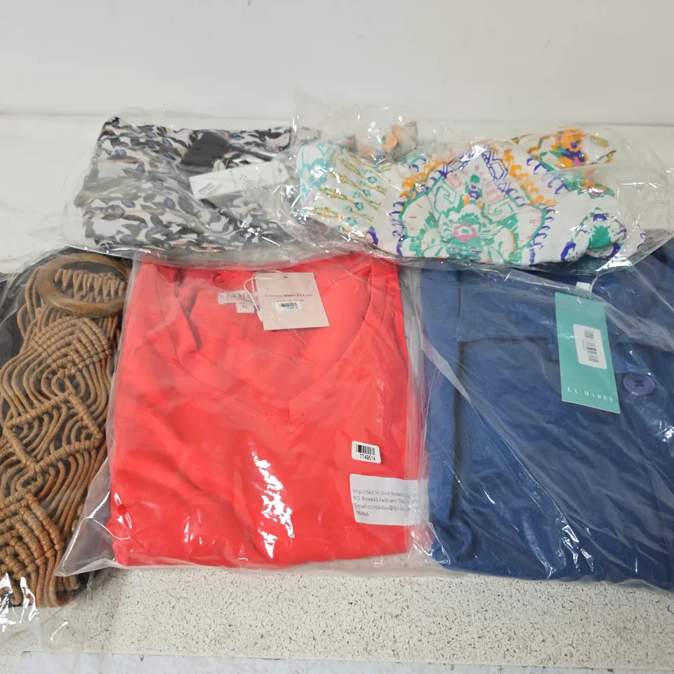 BOX OF APPROX 20 ASSORTED CLOTHING ITEMS TO INCLUDE SHIRTS, TOPS, TROUSERS, ETC 