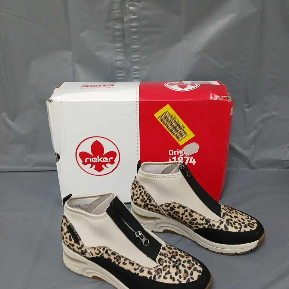 BOXED PAIR OF RIEKER ZIP TRAINER - ANIMAL PRINT - SIZE 6