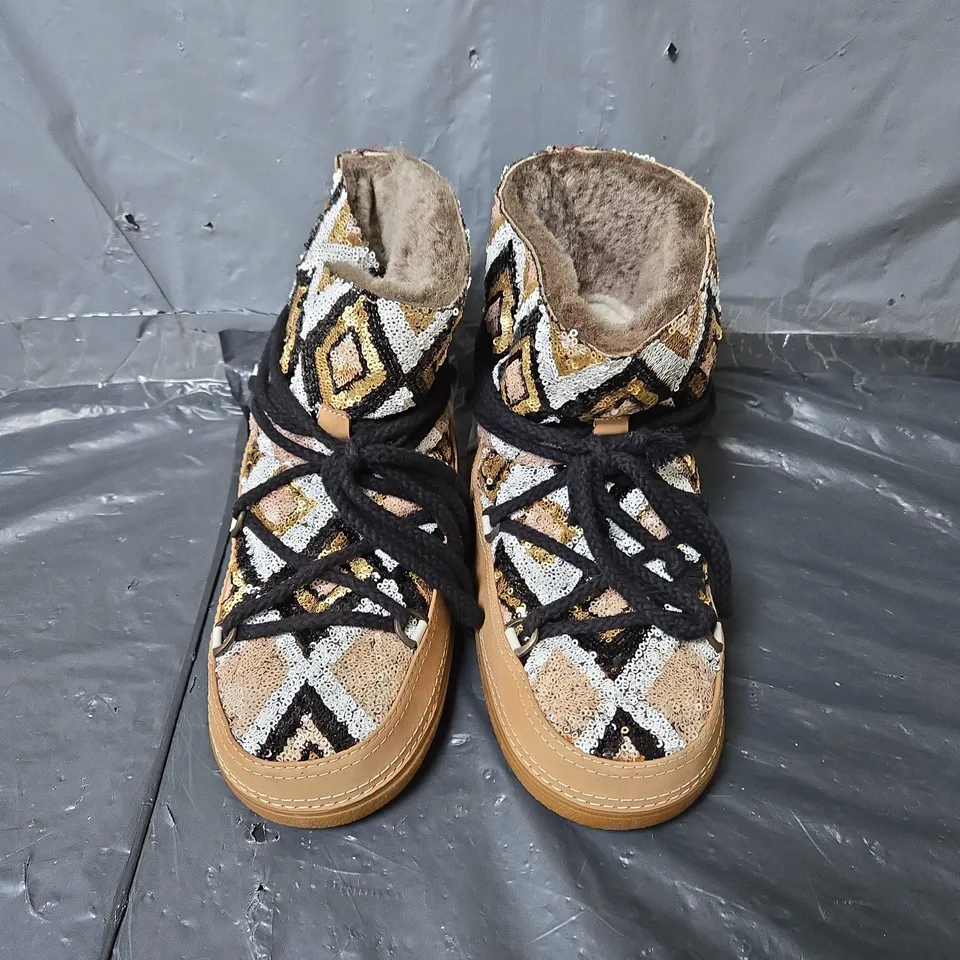 UNBOXED PAIR OF INUIKII PATTERNED SEQUIN BOOTS IN MULTI - SIZE 38