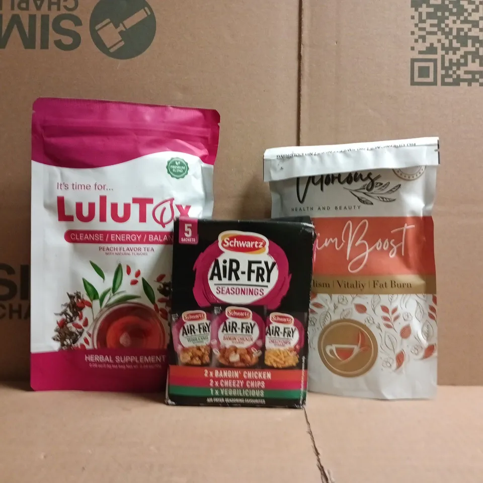 APPROXIMATELY 10 ASSORTED FOOD AND DRINK ITEMS TO INCLUDE LULUTOX, SCHWARTZ, ETC