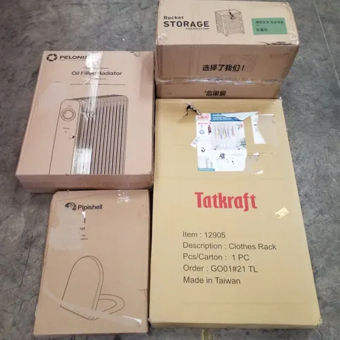 PALLET CONTAINING ASSORTED PRODUCTS INCLUDING BUCKET STORAGE, CLOTHES RACK, TOILET SEAT & OIL FILLED RADIATOR