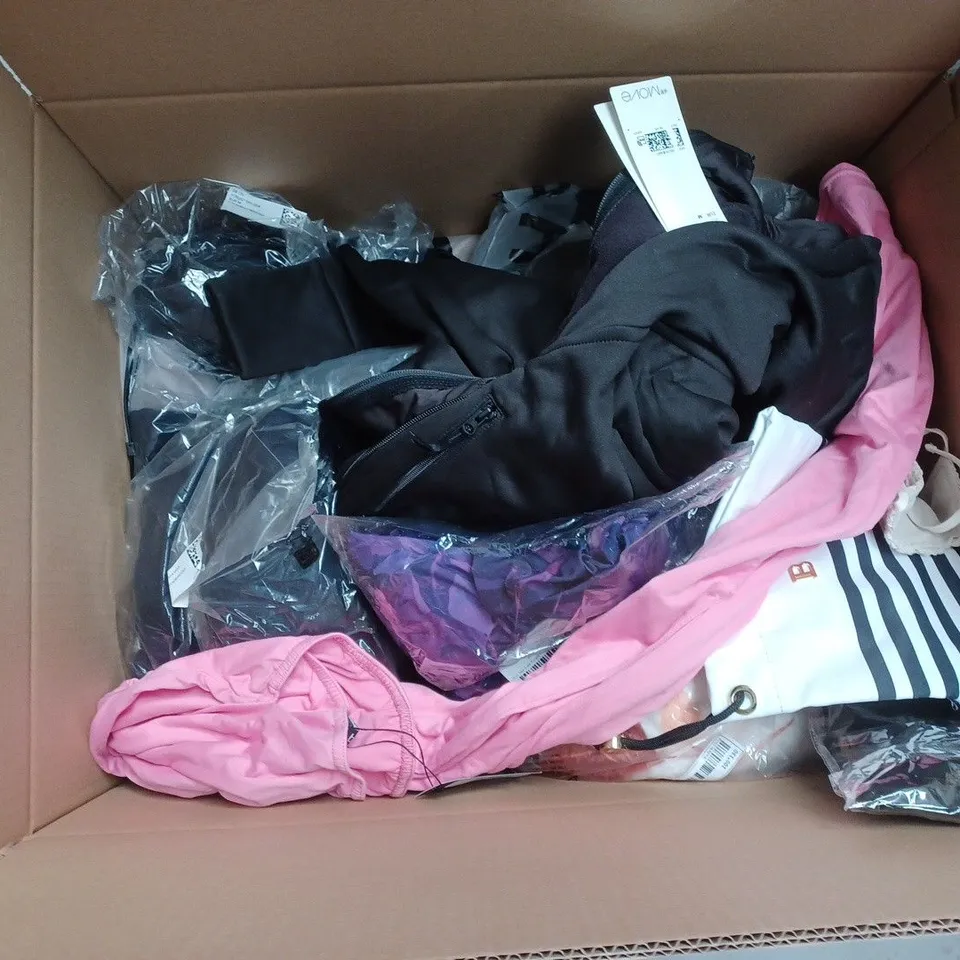 BOX OF ASSORTED CLOTHING ITEMS IN VARIOUS COLOURS, SIZES AND STYLES