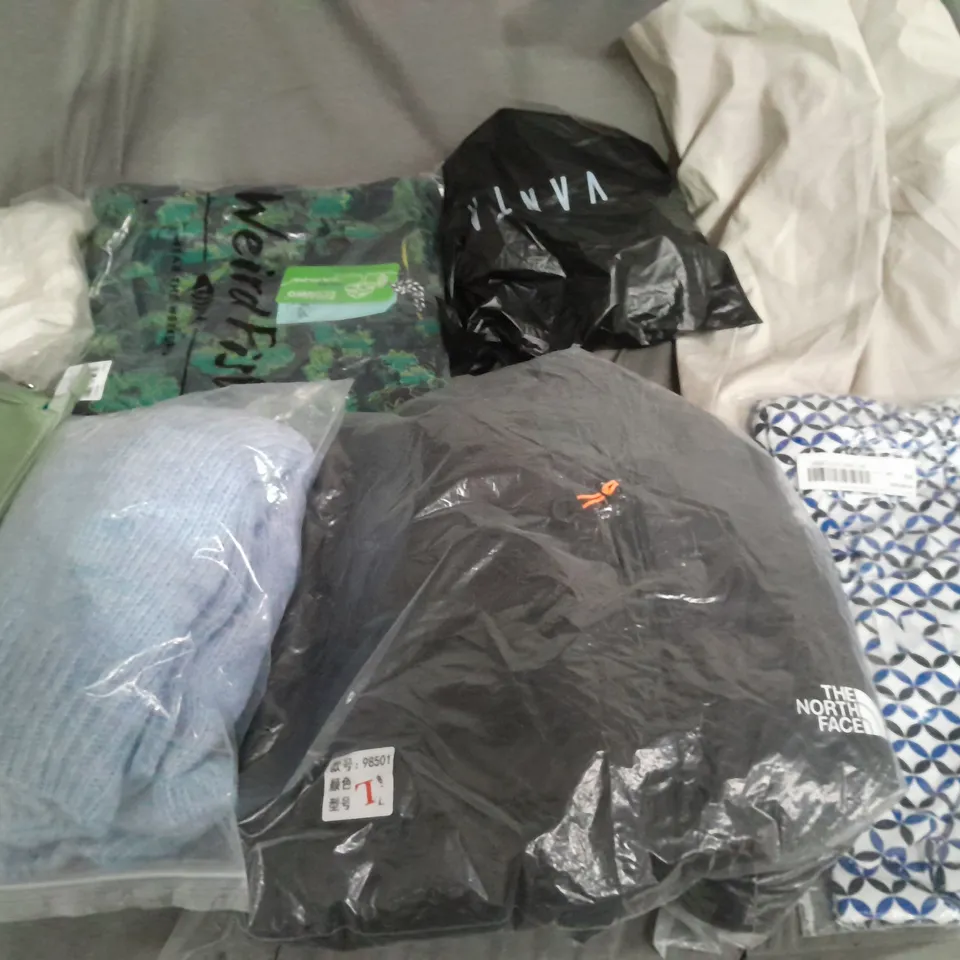 LARGE BOX OF ASSORTED CLOTHING ITEMS IN VARIOUS STYLES, COLOURS AND SIZES