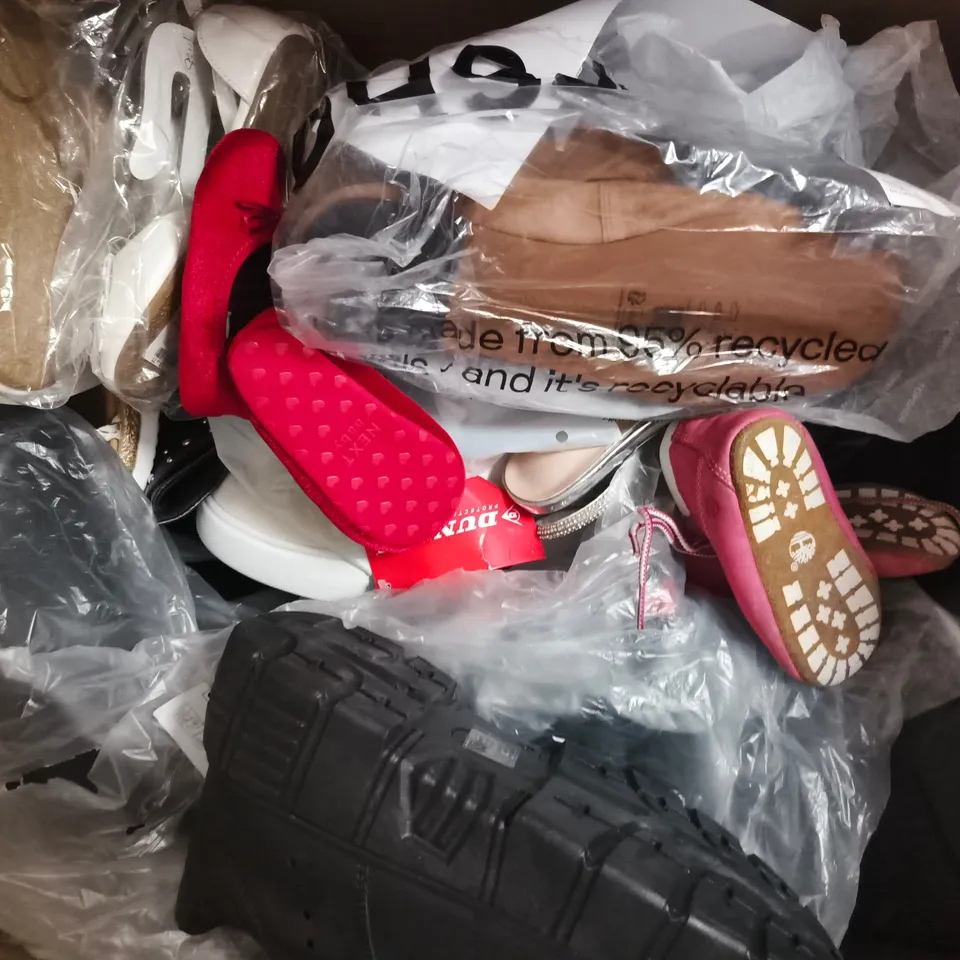 BOX OF APPROXIMATELY 20 ASSORTED PAIRS OF SHOES AND FOOTWEAR ITEMS IN VARIOUS COLOURS, STYLES, AND SIZES - COLLECTION ONLY