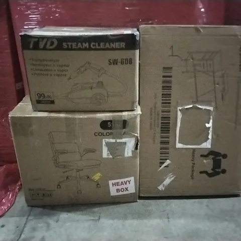 PALLET OF ASSORTED HOUSEHOLD GOODS AND PRODUCTS TO INCLUDE;COMPUTER DESK,STEAM CLEANER,OFFICE CHAIR