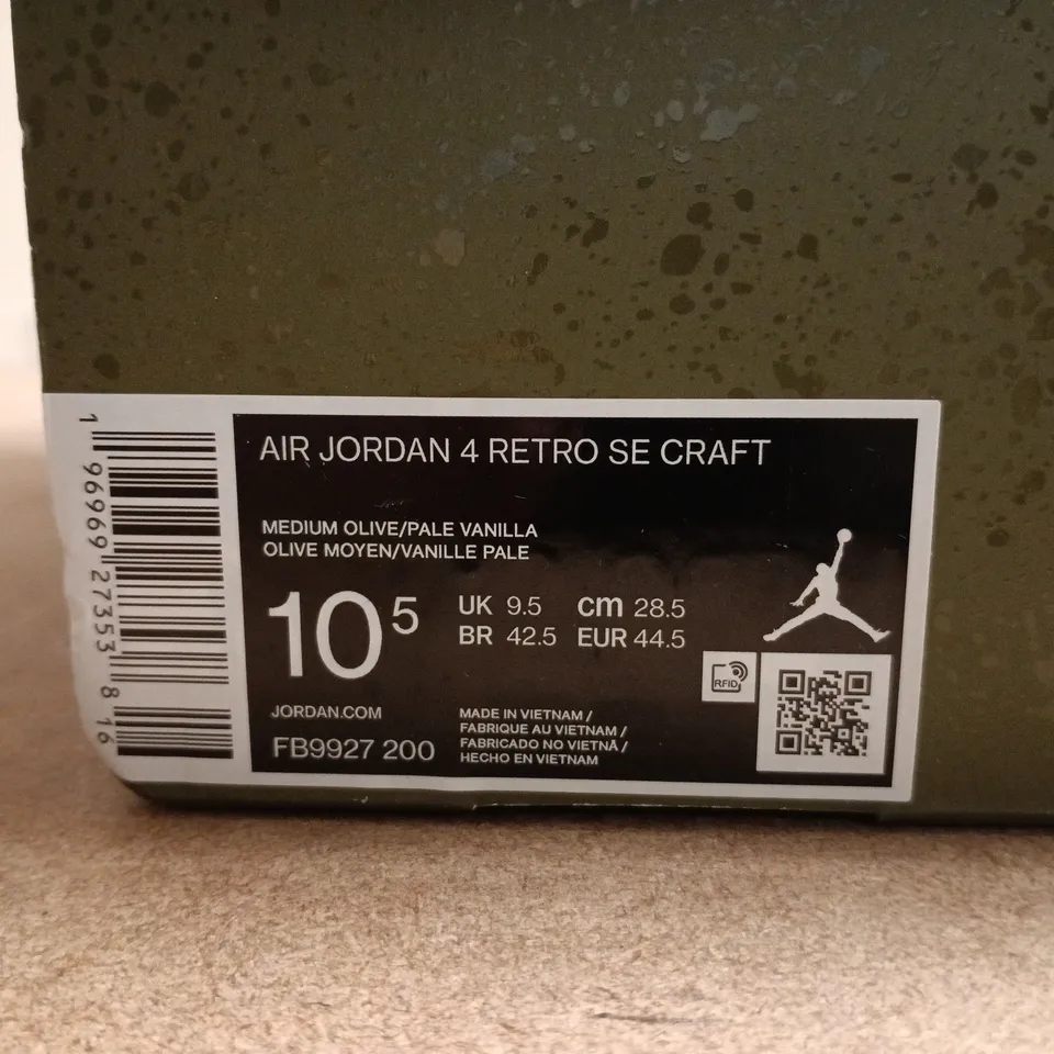BOXED PAIR OF AIR JORDAN 4 RETRO SE CRAFT – OLIVE/PALE VANILLA - UK SIZE 9.5