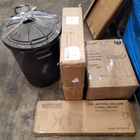 PALLET CONTAINING ASSORTED PRODUCTS TO INCLUDE TV WALL MOUNT, SHREDDER, CRYSTAL CHANDELIER, DUSTBIN 