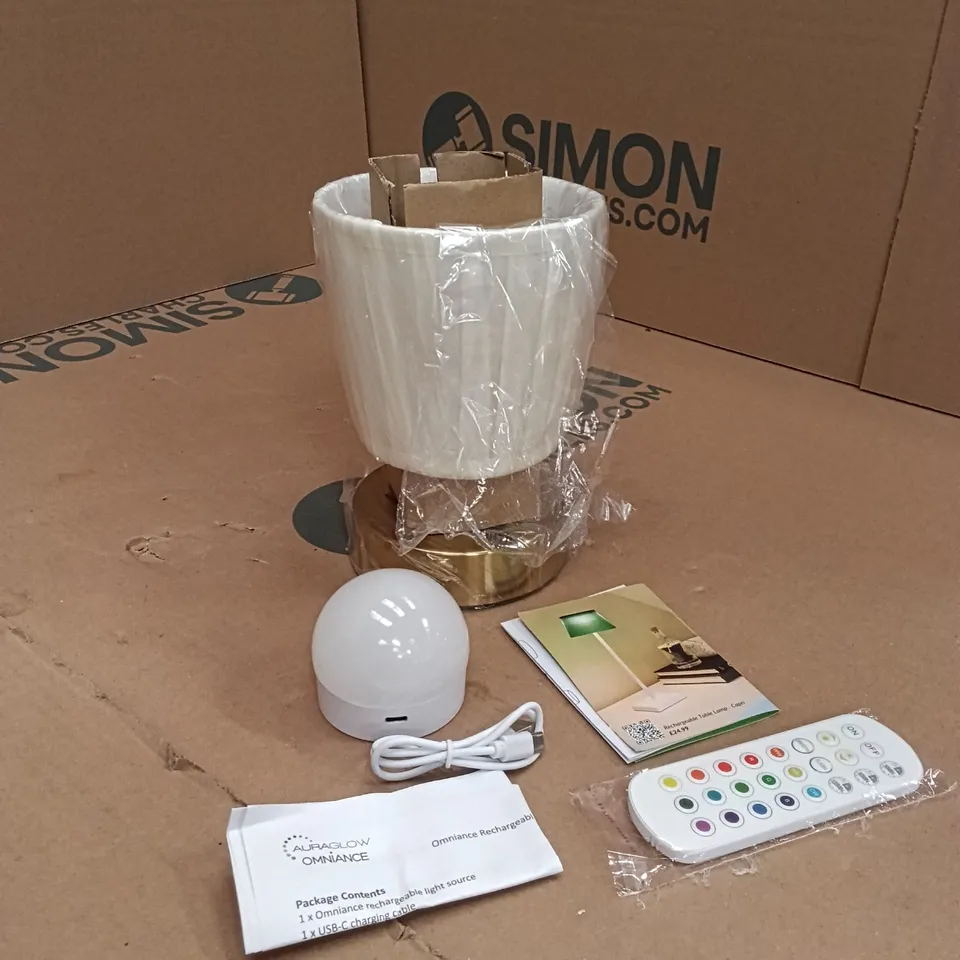 BOXED AVALON TABLE LAMP AND RECHARGEABLE LIGHT SOURCE - GOLD/WHITE (2 BOXES)