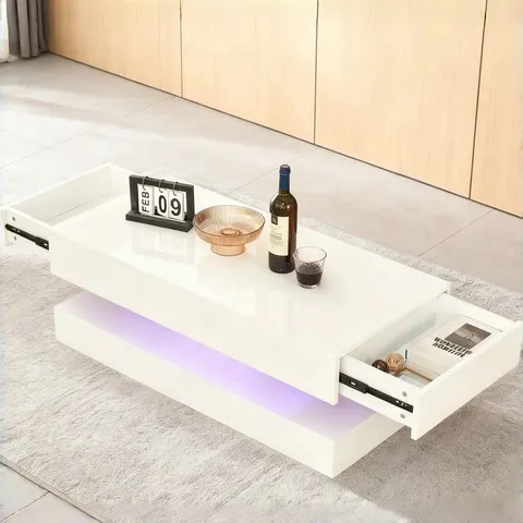 BOXED MODERN LED COFFEE TABLE - HIGH - GLOSS WHITE WITH TEMPERED GLASS