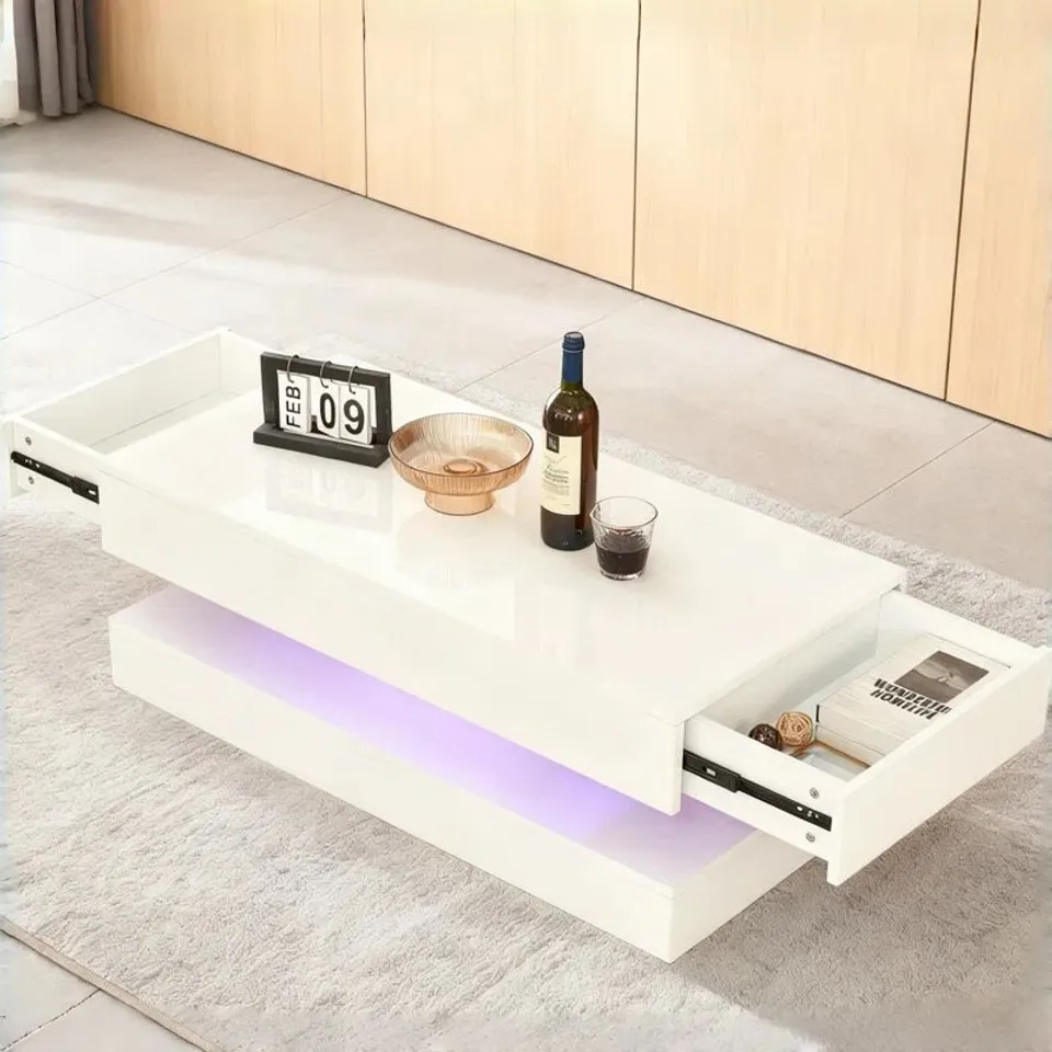 BOXED MODERN LED COFFEE TABLE - HIGH - GLOSS WHITE WITH TEMPERED GLASS